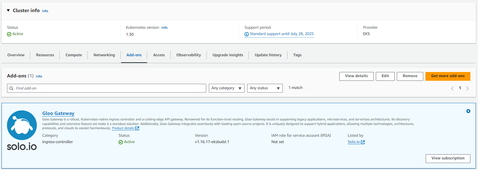 Figure: Active status for Solo add-on for EKS