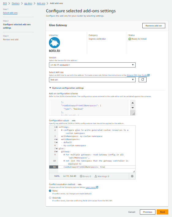 Figure: YAML snippet provided to customize the add-on