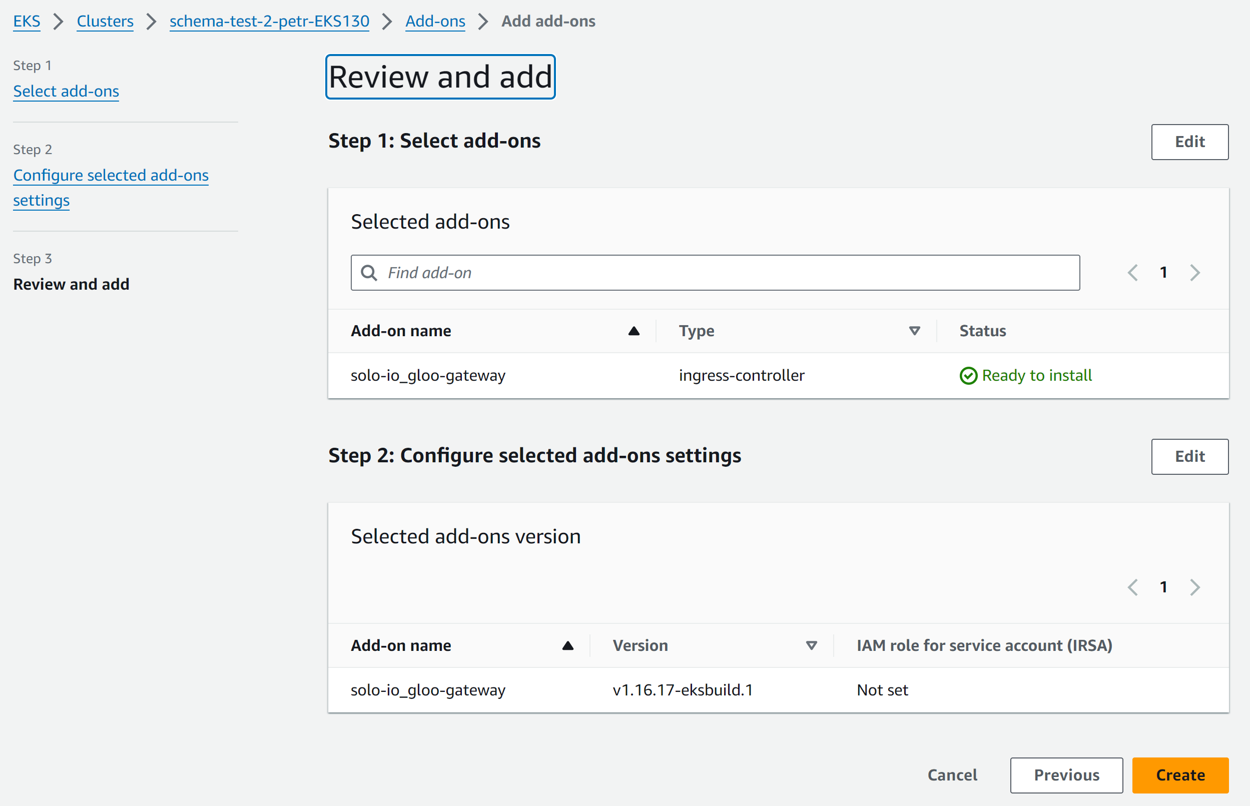 Figure: Review and create the Gloo Gateway add-on for EKS