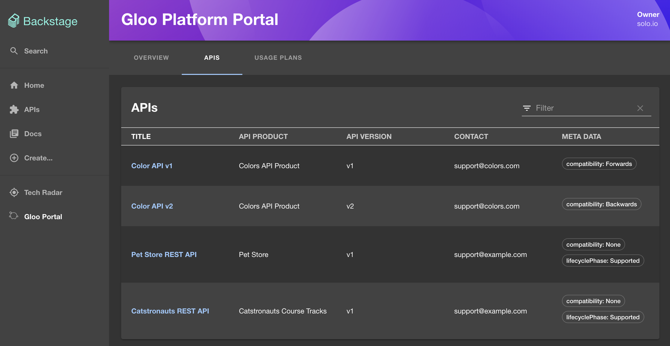 Figure: Backstage portal APIs