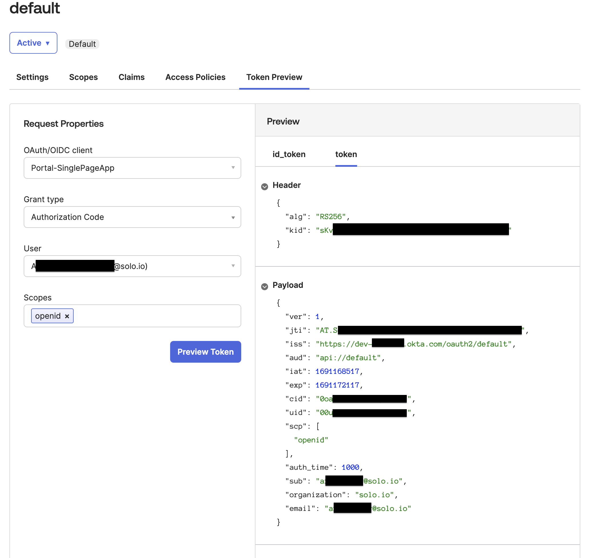 Figure: Okta Token Preview tab