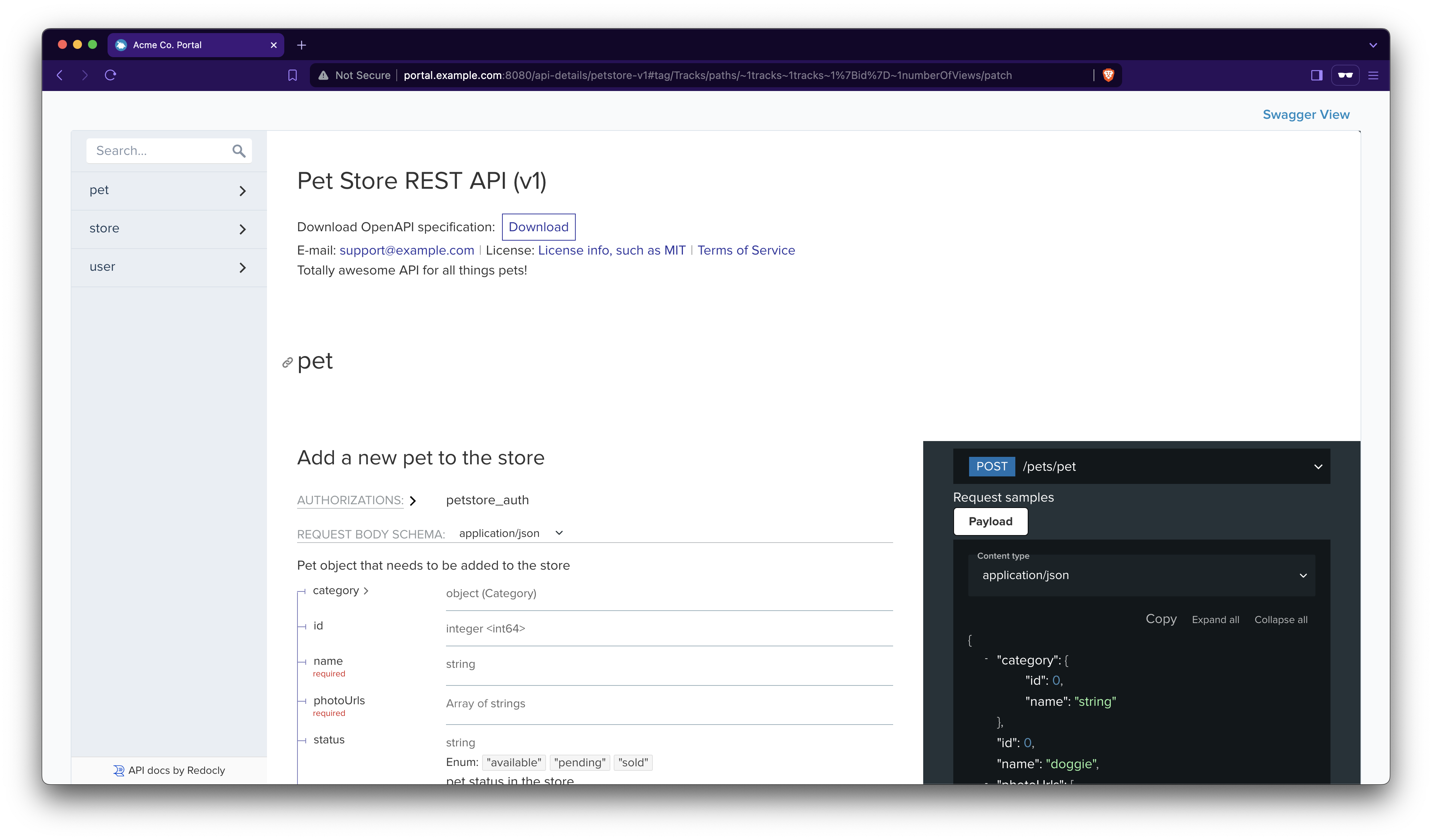 Figure: Redocly view of the OpenAPI spec for the Petstore ApiProduct.