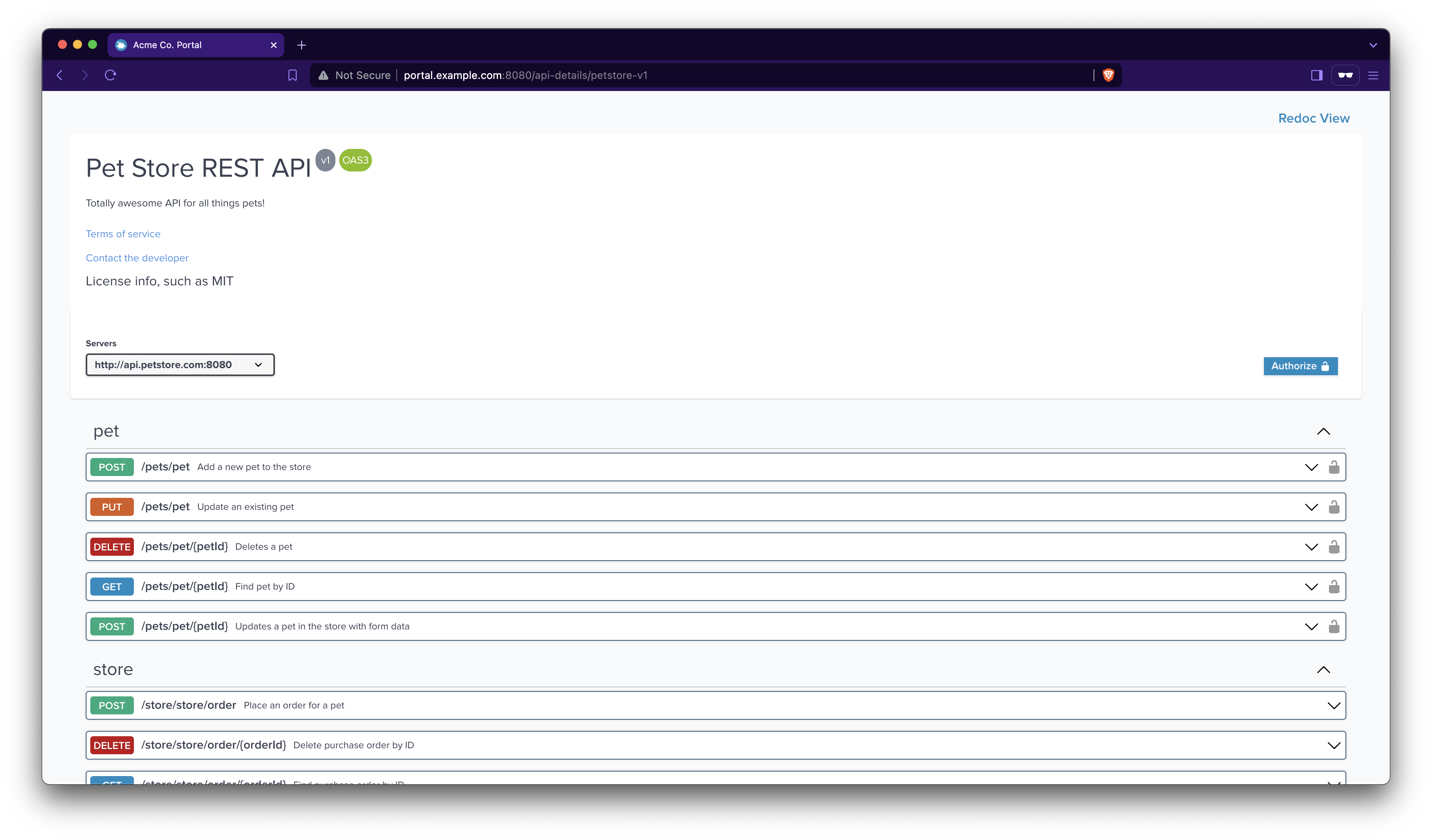 Figure: Swagger view of the OpenAPI spec for the Petstore ApiProduct.