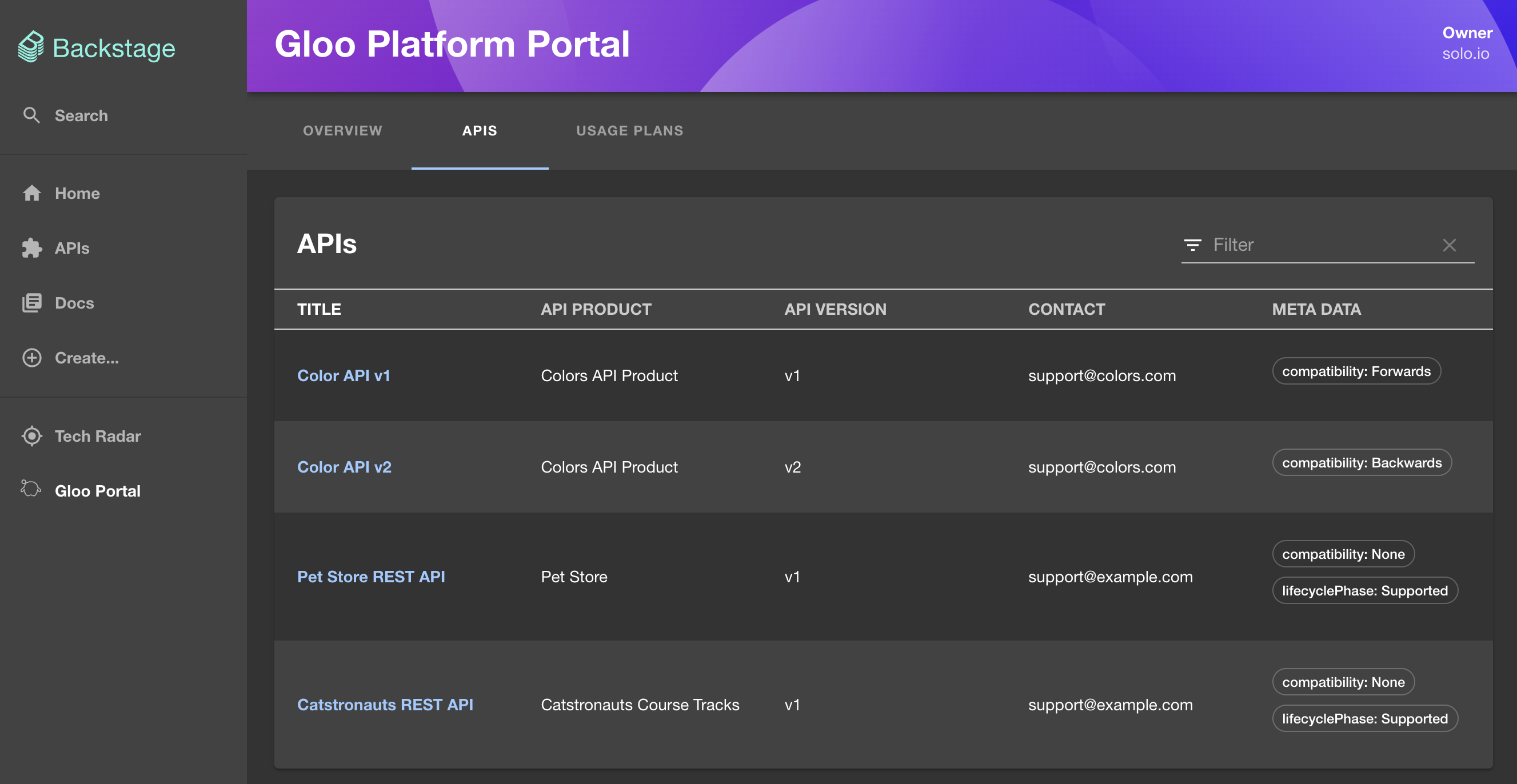 Backstage portal APIs
