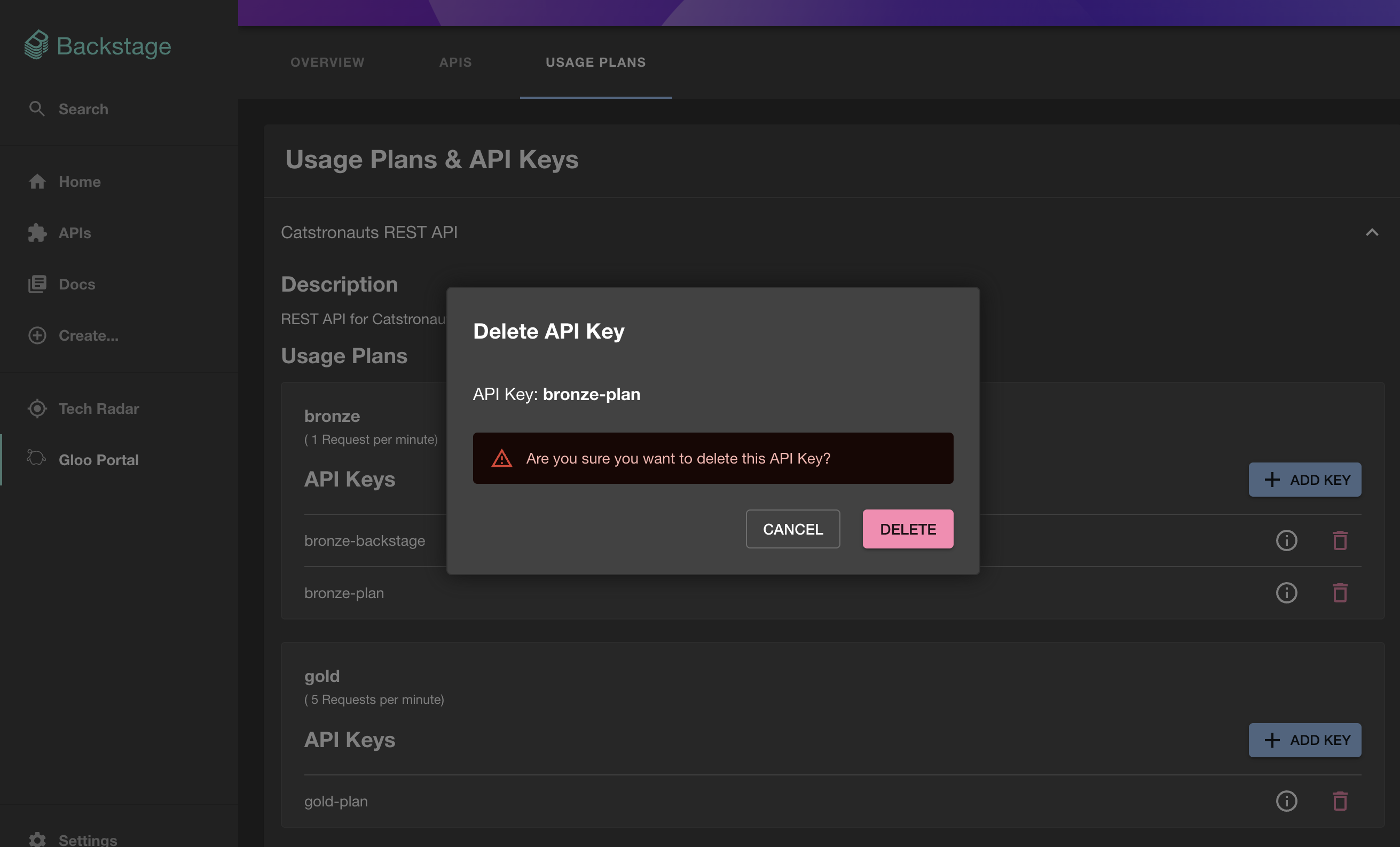 Backstage portal delete API key