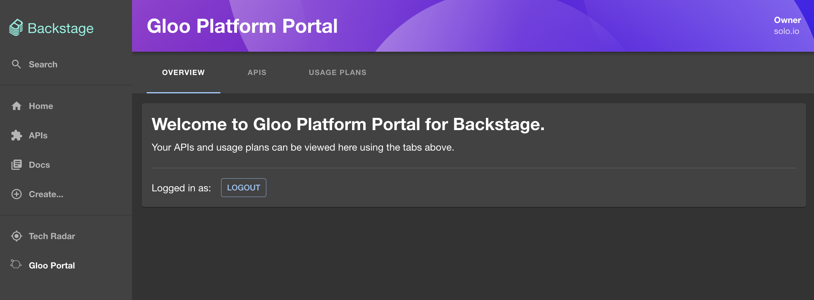 Backstage portal welcome screen