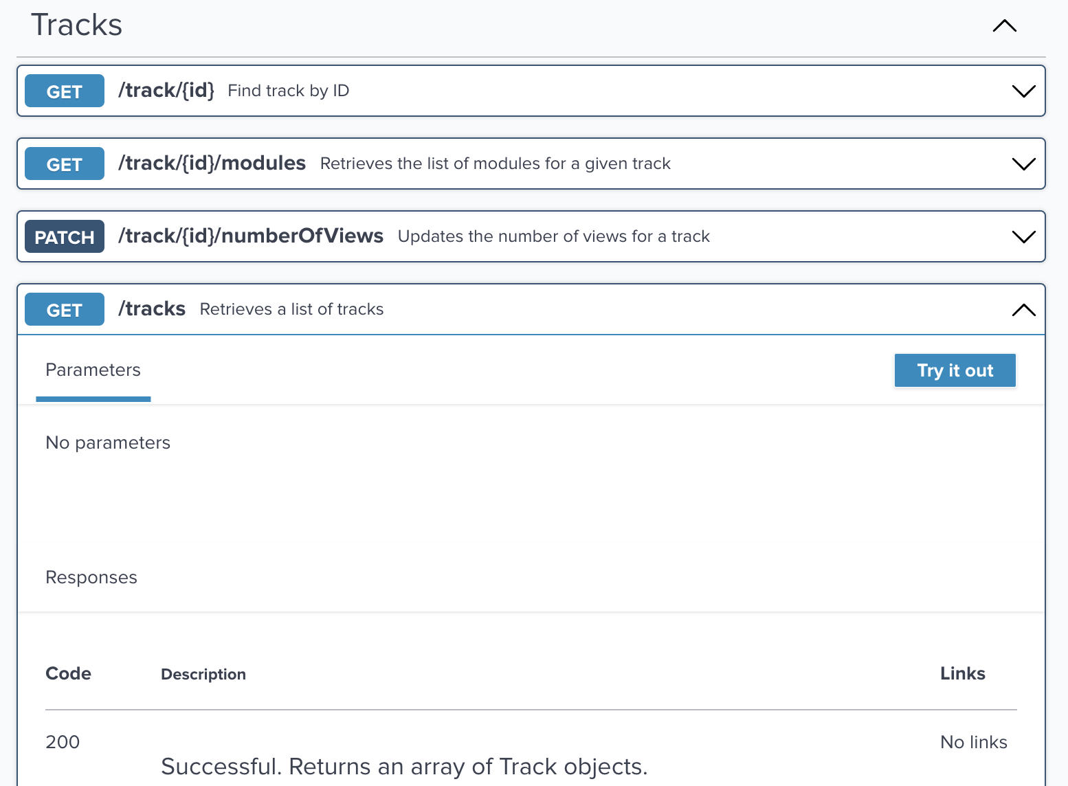 Figure: Screenshot of a Tracks OpenAPI doc with a Try it out button