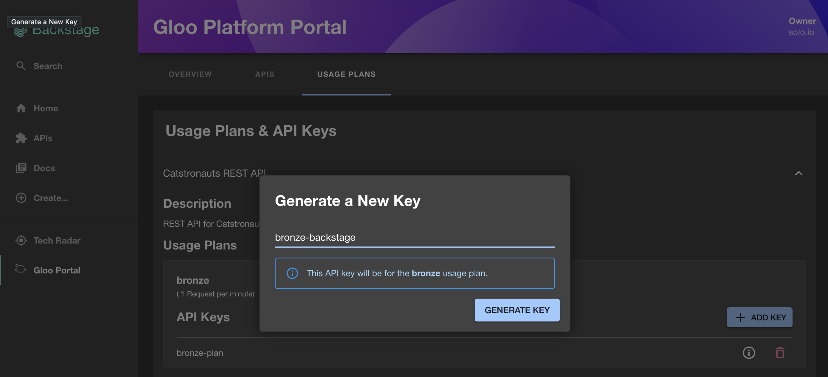 Backstage portal generate API key