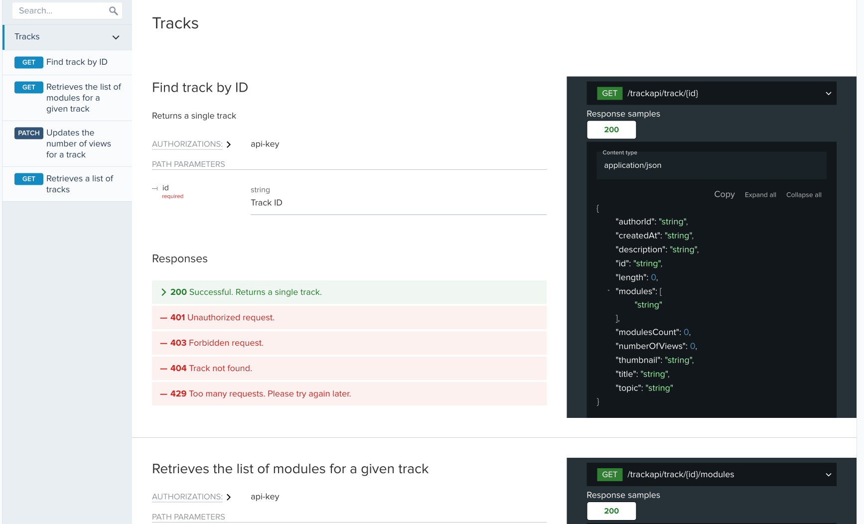 Figure: Screenshot of the Tracks Only API product paths.