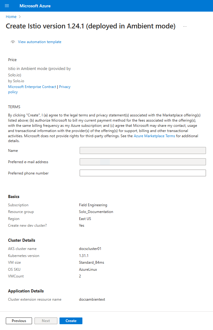 Figure: Review + create page of AKS Extension