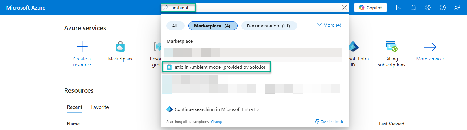 Figure: Search for Solo Extension from Azure Portal Home Page