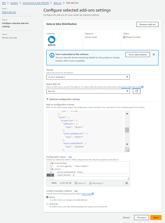 Figure: YAML snippet provided to customize the add-on