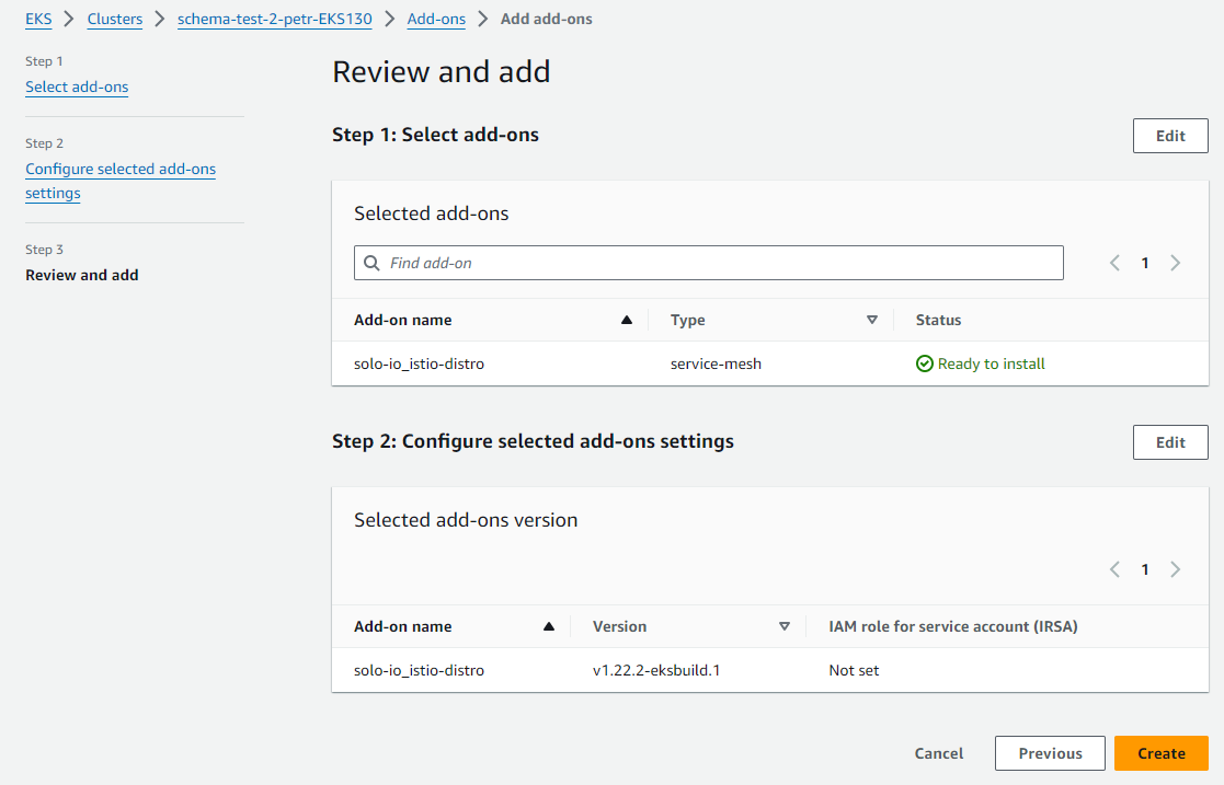 Figure: Review and create the Solo add-on for EKS