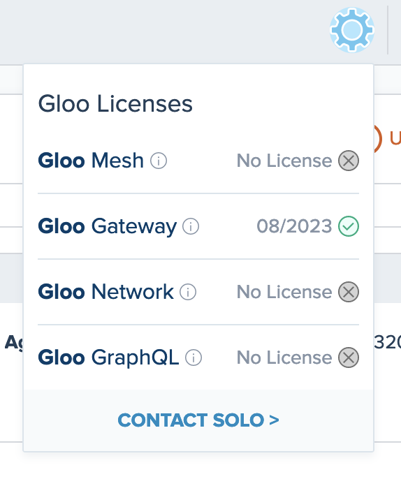 Product license statuses in the Gloo UI.